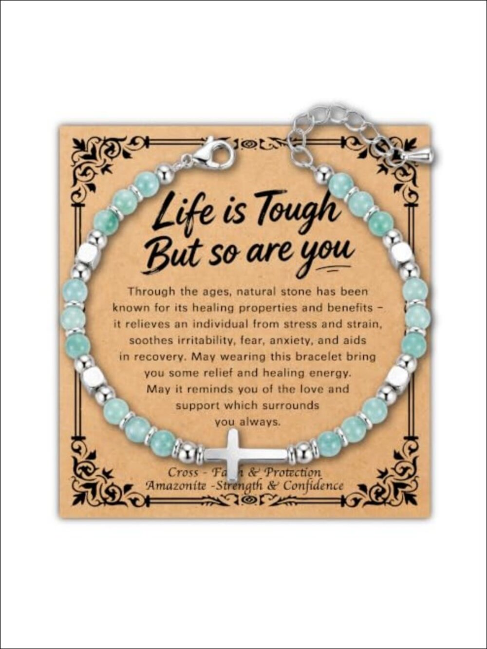 Natural Stone Cross Bracelet Adjustable 4mm Beads Stainless Steel